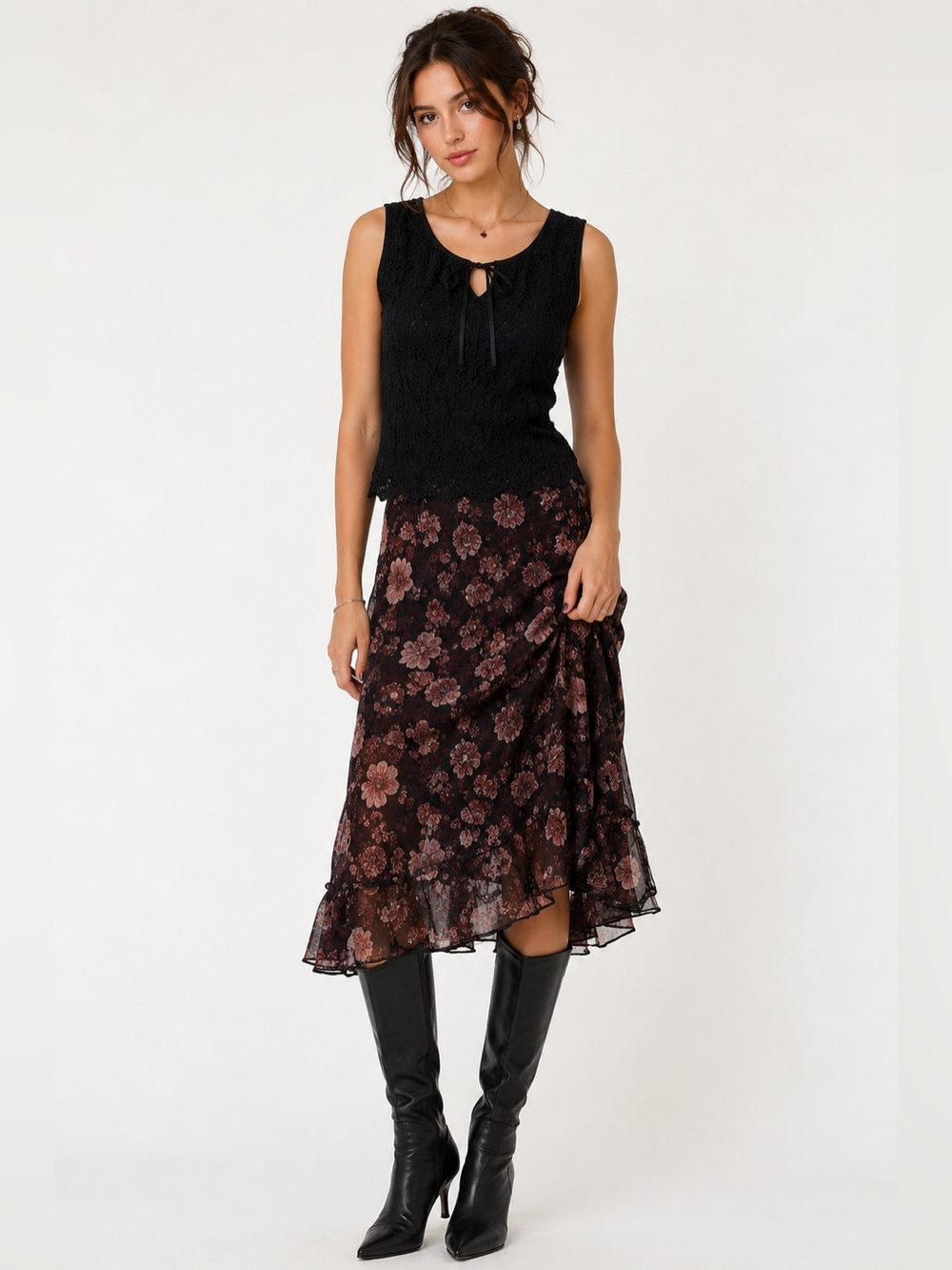 Black Lace Sleeveless Tie Neck Tank Top XL Dark Romantic Fairygrunge Y2K whimsy